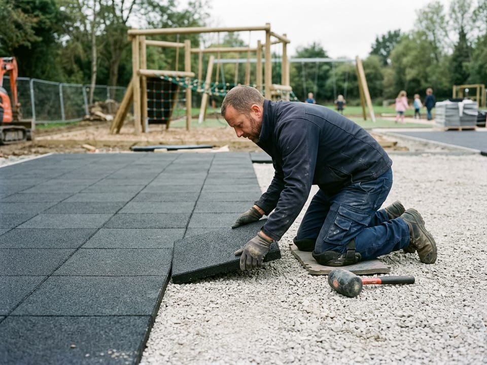 An installer laying a black rubber tile onto a prepared gravel base on a playground