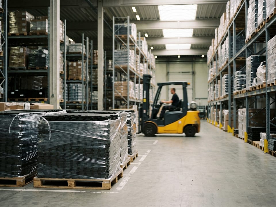 Pallets of black rubber tiles wrapped in film in a distribution warehouse