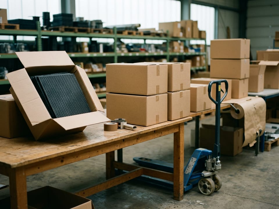 Boxed rubber tiles on a packing table, ready for dispatch