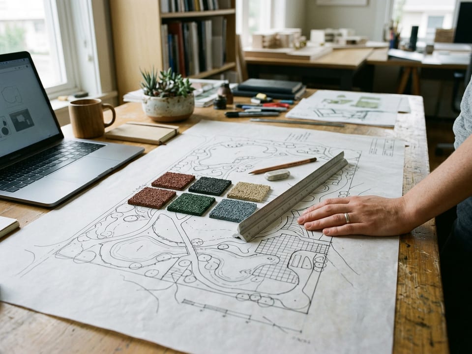 A landscape plan with colour samples and a scale ruler on a designer’s desk