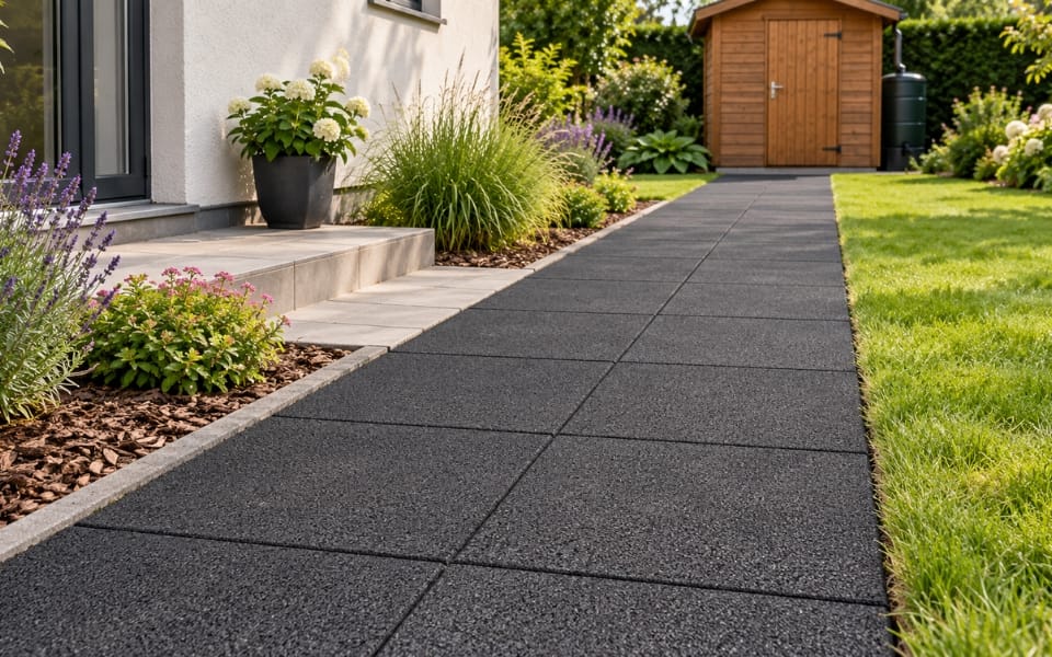 Black ReFlex Easy rubber tiles forming a garden path towards a shed