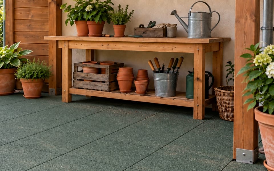 Green rubber tile surface under a garden potting bench