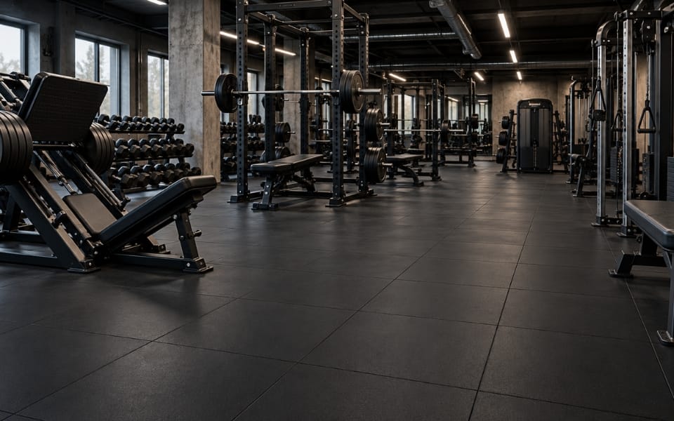 Fekete ReFlex Gym Pro+ lapburkolat edzőteremben, állványokkal és kézisúlyzókkal