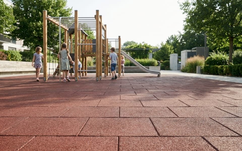 Red-brown ReFlex Playzone safety tiles under a wooden climbing frame with children playing