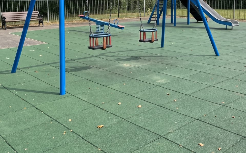 Close-up of a green safety tile surface under toddler swings