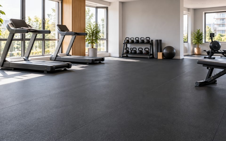 Seamless rubber floor in a cardio area with treadmills