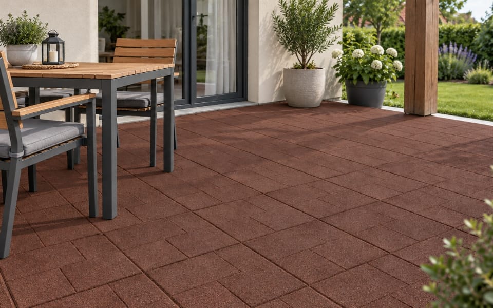 Red-brown rubber tiles on a terrace with garden furniture
