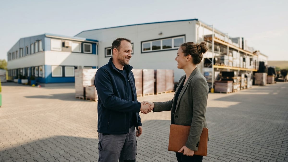 A handshake in the yard in front of the ReFlex factory building