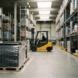 Pallets of black rubber tiles wrapped in film in a distribution warehouse
