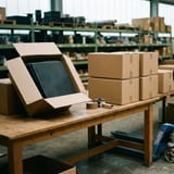 Boxed rubber tiles on a packing table, ready for dispatch
