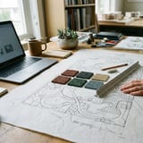 A landscape plan with colour samples and a scale ruler on a designer’s desk